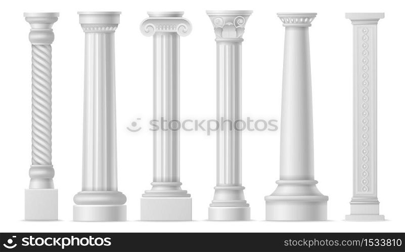 Antique white columns. Roman historical stone colonnade or pillars, realistic marble pillar ancient greece architecture, classic column art objects vector isolated set. Antique white columns. Roman historical stone pillars, marble pillar ancient greece architecture, classic column art objects vector set