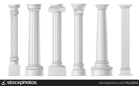 Antique white columns. Roman historical stone colonnade or pillars, realistic marble pillar ancient greece architecture, classic column art objects vector isolated set. Antique white columns. Roman historical stone pillars, marble pillar ancient greece architecture, classic column art objects vector set