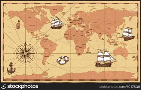 Antique world map. Vintage compass and retro ship on ancient marine map. Old countries boundaries earth geography antiques navigation cartography west coast and north america vector illustration. Antique world map. Vintage compass and retro ship on ancient marine map. Old countries boundaries vector illustration
