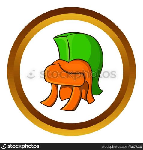 Antiques roman helmet vector icon in golden circle, cartoon style isolated on white background. Antiques roman helmet vector icon