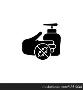 Antiseptic hand washing black glyph icon. Hand disinfectant. Antiseptic handrub. Preventing bacteria spread. Alcohol-based product. Silhouette symbol on white space. Vector isolated illustration. Antiseptic hand washing black glyph icon