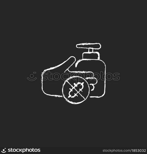 Antiseptic hand washing chalk white icon on dark background. Hand disinfectant. Antiseptic handrub. Preventing bacteria spread. Alcohol-based product. Isolated vector chalkboard illustration on black. Antiseptic hand washing chalk white icon on dark background