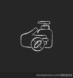 Antiseptic hand washing chalk white icon on dark background. Hand disinfectant. Antiseptic handrub. Preventing bacteria spread. Alcohol-based product. Isolated vector chalkboard illustration on black. Antiseptic hand washing chalk white icon on dark background
