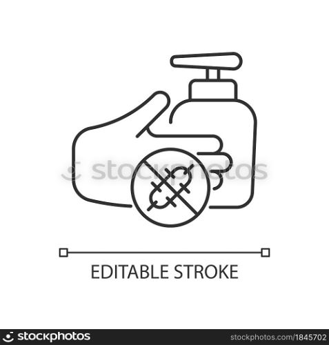 Antiseptic hand washing linear icon. Hand disinfectant. Preventing bacteria spread with handrub. Thin line customizable illustration. Contour symbol. Vector isolated outline drawing. Editable stroke. Antiseptic hand washing linear icon