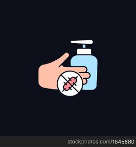 Antiseptic hand washing RGB color icon for dark theme. Hand disinfectant. Preventing bacteria spread. Isolated vector illustration on night mode background. Simple filled line drawing on black. Antiseptic hand washing RGB color icon for dark theme