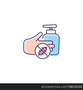 Antiseptic hand washing RGB color icon. Hand disinfectant. Antiseptic handrub. Preventing bacteria and viruses spread. Alcohol-based product. Isolated vector illustration. Simple filled line drawing. Antiseptic hand washing RGB color icon