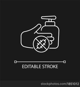 Antiseptic hand washing white linear icon for dark theme. Hand disinfectant. Alcohol-based product. Thin line customizable illustration. Isolated vector contour symbol for night mode. Editable stroke. Antiseptic hand washing white linear icon for dark theme
