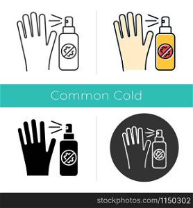 Antiseptic icon. Sanitary and disinfection. Cleansing hand. Antibacterial. Common cold precaution. Healthcare. Virus prevention. Flat design, linear and color styles. Isolated vector illustrations