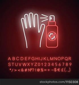 Antiseptic neon light icon. Sanitary and disinfection. Cleansing hand. Antibacterial. Common cold precaution. Healthcare. Glowing sign with alphabet, numbers and symbols. Vector isolated illustration