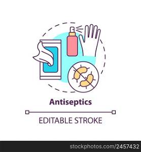 Antiseptics concept icon. Prepare first aid kit. Action during war abstract idea thin line illustration. Isolated outline drawing. Editable stroke. Arial, Myriad Pro-Bold fonts used. Antiseptics concept icon