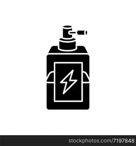 Antistatic hair sprayer black glyph icon. Liquid product in container for winter haircare. Chemical cosmetic formula for hair treatment. Silhouette symbol on white space. Vector isolated illustration