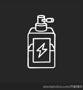 Antistatic hair sprayer chalk white icon on black background. Liquid product in container for winter haircare. Chemical cosmetic formula for hair treatment. Isolated vector chalkboard illustration