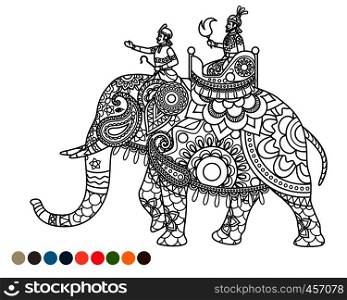 Antistress coloring page indian maharaja sitting on elephant decorated mandala ornament and colors samples. Antistress coloring page with maharaja on elephant