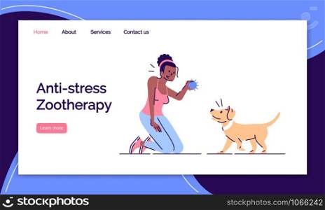 Antistress zootherapy landing page vector template. Animal assistance website interface idea with flat illustrations. Active leisure homepage layout. Dog breeding web banner, webpage cartoon concept