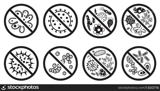Antiviral and antibacterial icon. Vector icons set. Microorganism ban collection, black and white symbol forbidden coronavirus illustration. Antiviral and antibacterial icon. Vector icons set