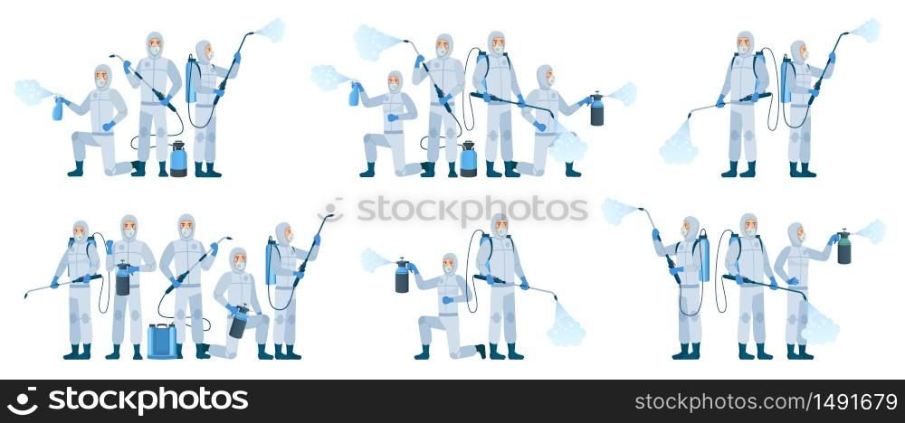 Antiviral disinfection. People wearing protective suits masks use sanitizer spray. Disinfection team, Coronavirus protection vector illustration set. Prevention and safety, biohazard antiviral team. Antiviral disinfection. People wearing protective suits and face masks use sanitizer spray. Disinfection team, Coronavirus protection cartoon vector illustration set