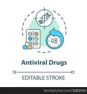 Antiviral drug concept icon. Antibiotic for flu. Tablets for disease. Medication for illness. Influenza idea thin line illustration. Vector isolated outline RGB color drawing. Editable stroke. Antiviral drug concept icon. Antibiotic for illness. Tablets for disease. Medication for flu. Influenza idea thin line illustration. Vector isolated outline RGB color drawing. Editable stroke