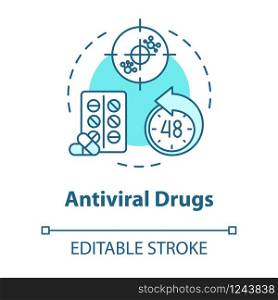 Antiviral drug concept icon. Capsules for illness. Tablets for disease. Medication for flu. Influenza idea thin line illustration. Vector isolated outline RGB color drawing. Editable stroke