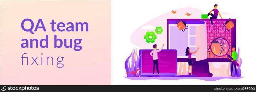 Antivirus app, malware protection. System protection, errors checking. IT software application testing, quality assurance, QA team and bug fixing concept. Header or footer banner template with copy space.. Software testing web banner concept