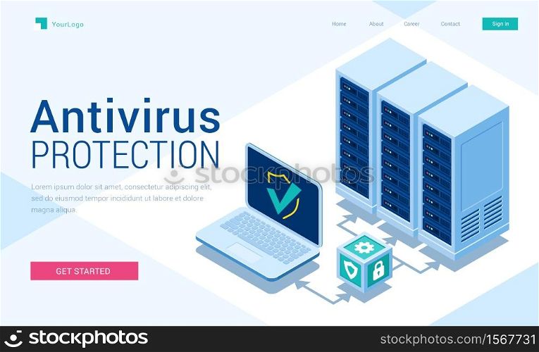 Antivirus protection isometric landing page. Cyber data security, server room connected with laptop through protected hub, computing internet digital technology, 3d vector illustration, web banner. Antivirus protection isometric landing page banner