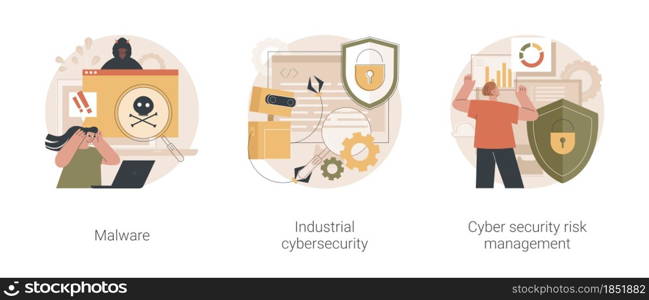 Antivirus security and protection abstract concept vector illustration set. Malware program, industrial cybersecurity, cyber security risk management, digital threat, spyware abstract metaphor.. Antivirus security and protection abstract concept vector illustrations.