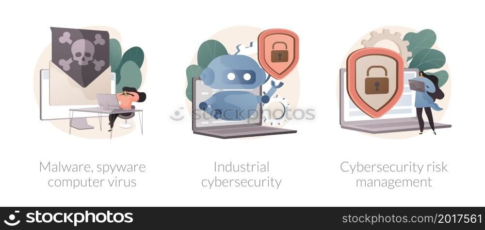 Antivirus security and protection abstract concept vector illustration set. Malware program, industrial cybersecurity, cyber security risk management, digital threat, spyware abstract metaphor.. Antivirus security and protection abstract concept vector illustrations.