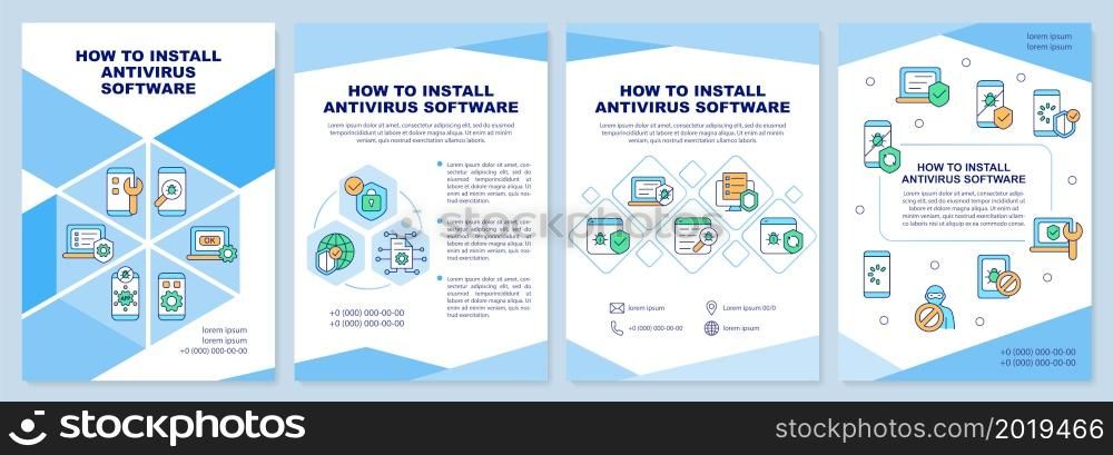Antivirus software installation tips brochure template. Flyer, booklet, leaflet print, cover design with linear icons. Vector layouts for presentation, annual reports, advertisement pages. Antivirus software installation tips brochure template