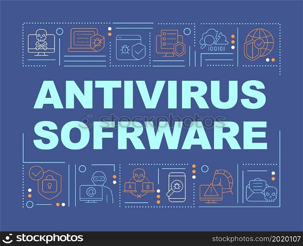 Antivirus software installing to safe personal data word concepts banner. Infographics with linear icons on blue background. Isolated creative typography. Vector outline color illustration with text. Antivirus software installing to safe personal data word concepts banner