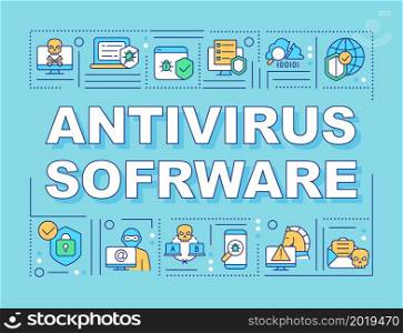 Antivirus software saving personal data word concepts banner. Infographics with linear icons on blue background. Isolated creative typography. Vector outline color illustration with text. Antivirus software saving personal data word concepts banner
