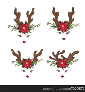 Antler with christmas flower isolated on white background. Vector illustration.