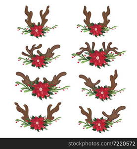 Antler with christmas flower isolated on white background. Vector illustration.