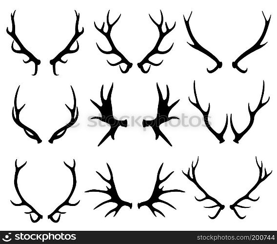 Antlers, deer and reindeer horns vector silhouettes isolated on white. Black silhouette deer horns illustration. Antlers, deer and reindeer horns vector silhouettes isolated on white