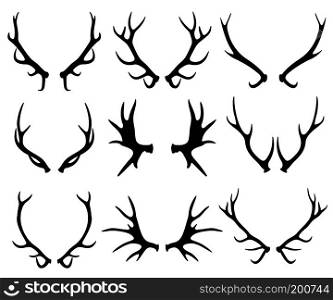 Antlers, deer and reindeer horns vector silhouettes isolated on white. Black silhouette deer horns illustration. Antlers, deer and reindeer horns vector silhouettes isolated on white