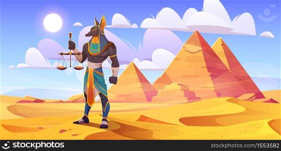 Anubis Egyptian god, ancient Egypt deity with human body and jackal head wearing royal pharaoh royal clothes holding scales with golden coins stand in desert with pyramids, Cartoon vector illustration. Anubis Egyptian god, ancient Egypt deity, jackal