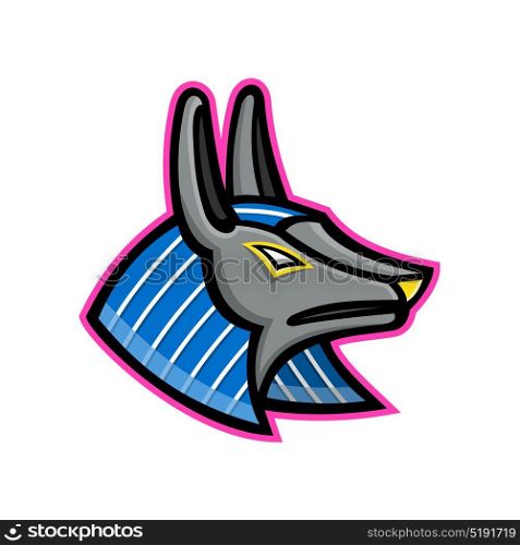Anubis Egyptian God Mascot. Mascot icon illustration of head of Anubis, an ancient Egyptian animal god of afterlife depicted as a man with a canine head of dog or jackal viewed from side on isolated background in retro style.. Anubis Egyptian God Mascot