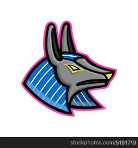 Anubis Egyptian God Mascot. Mascot icon illustration of head of Anubis, an ancient Egyptian animal god of afterlife depicted as a man with a canine head of dog or jackal viewed from side on isolated background in retro style.. Anubis Egyptian God Mascot
