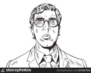 Anxiety and anxiety about the decision. Black and white illustration. A man in a suit and glasses is surprised, puzzled. Pop Art Retro Vector Illustration Kitsch Vintage 50s 60s Style. On a white background. Anxiety and anxiety about the decision. Black and white illustration. A man in a suit and glasses is surprised, puzzled.Pop Art Retro