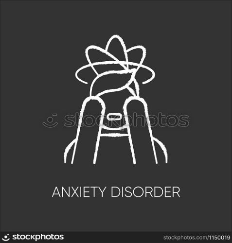 Anxiety disorder chalk icon. Fear and worry. Depressed man. Panic attack. Distress. Headache, migraine. Confused thoughts. Mental problem. Stress and tension. Isolated vector chalkboard illustration
