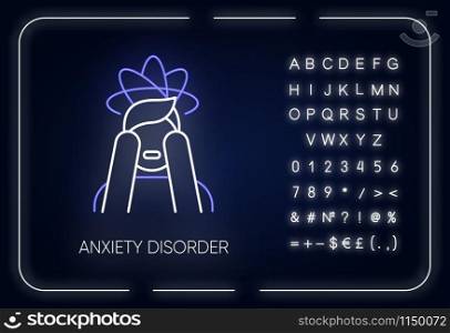 Anxiety disorder neon light icon. Fear and worry. Depressed man. Headache and migraine. Confused thoughts. Mental problem. Glowing sign with alphabet, numbers and symbols. Vector isolated illustration