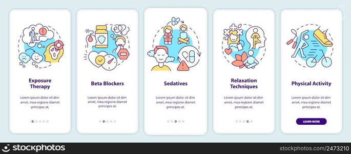 Anxiety disorder treatment onboarding mobile app screen. Walkthrough 5 steps graphic instructions pages with linear concepts. UI, UX, GUI template. Myriad Pro-Bold, Regular fonts used. Anxiety disorder treatment onboarding mobile app screen