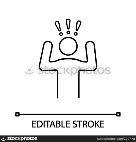 Anxiety linear icon. Panic attack. Nervous tension. Thin line illustration. Stress. Head problems. Emotional stress symptom. Contour symbol. Vector isolated outline drawing. Editable stroke. Anxiety linear icon