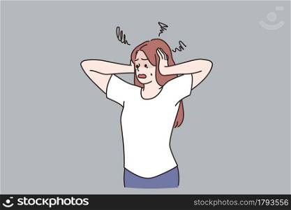 Anxiety, panic and stress concept. Young anxious female cartoon character standing touching head feeling stressed vector illustration . Anxiety, panic and stress concept