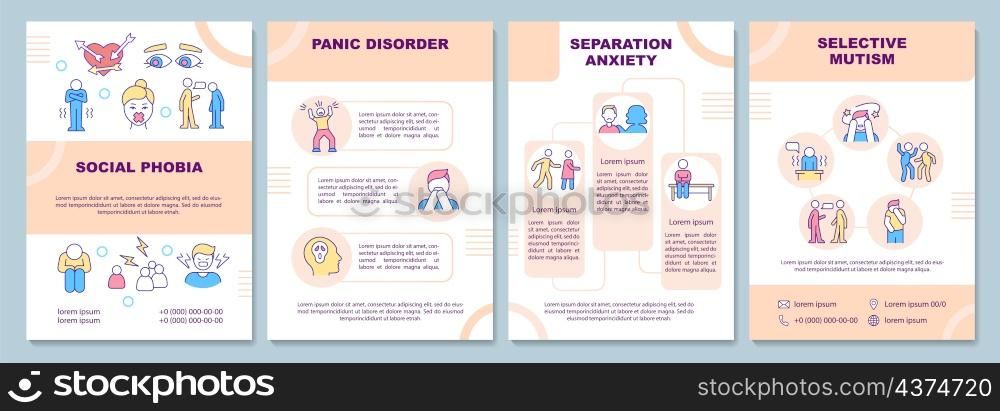 Anxiety types beige brochure template. Mental disorder. Booklet print design with linear icons. Vector layouts for presentation, annual reports, ads. Arial-Black, Myriad Pro-Regular fonts used. Anxiety types beige brochure template