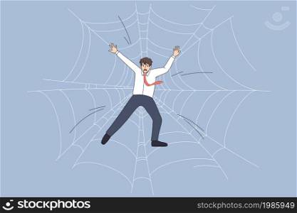 Anxious businessman trapped in spider web. Worried unhappy employee caught in debt burden. Risk business concept. Dangerous project. Flat vector illustration, cartoon character. . Worried businessman trapped in spider web