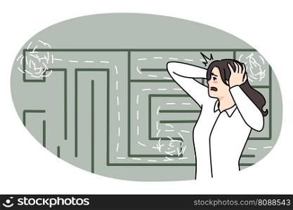 Anxious businesswoman confused of finding way in labyrinth. Worried unhappy scared woman frustrated by quest way, looking for solution or solving problem. Flat vector illustration.. Anxious woman confused by finding way in labyrinth