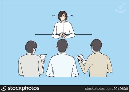 Anxious girl student in front of teachers answer at exam in college on university. Worried female employee frustrated at job interview in office. Employment and recruitment. Flat vector illustration. . Worried woman frustrated at job interview in office