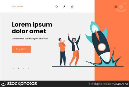 Anxious guys watching as rocket falling down. Accident, explosion, problem flat vector illustration. Failure and bankruptcy concept for banner, website design or landing web page