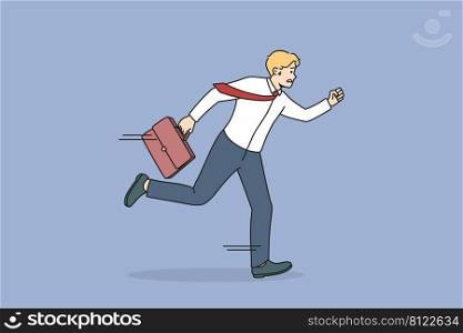 Anxious male employee running in hurry worried be late for work. Stressed businessman rushing for meeting or briefing. Meeting deadline and time management. Vector illustration. . Anxious man worker running in hurry 