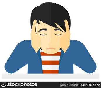 Anxious man clutching his head vector flat design illustration isolated on white background. . Anxious man clutching his head.