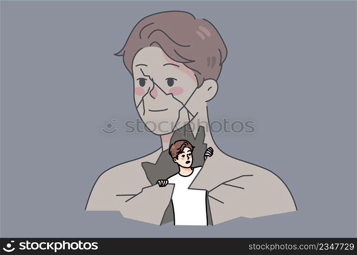 Anxious man feel nervous showing or releasing himself to world. Unhappy scared guy suffer from mental psychological problems. Psychotherapy and counseling. Vector illustration. . Scared man stressed showing himself to world 